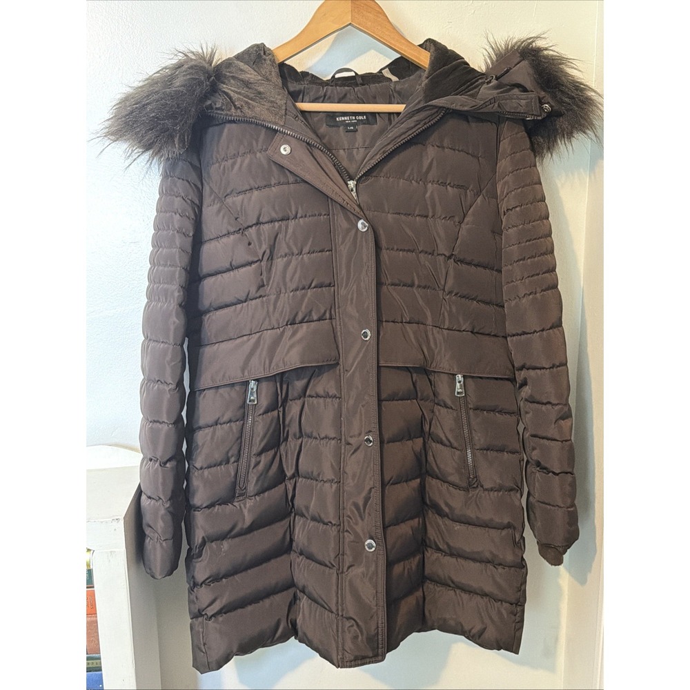 Kenneth Cole Puffer Jacket Brown Faux Fur Hood Sz L